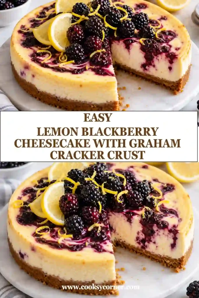 A slice of lemon blackberry cheesecake showing creamy filling, purple blackberry ribbons, and a golden graham cracker base. The chilled slice has a smooth texture and distinct layers