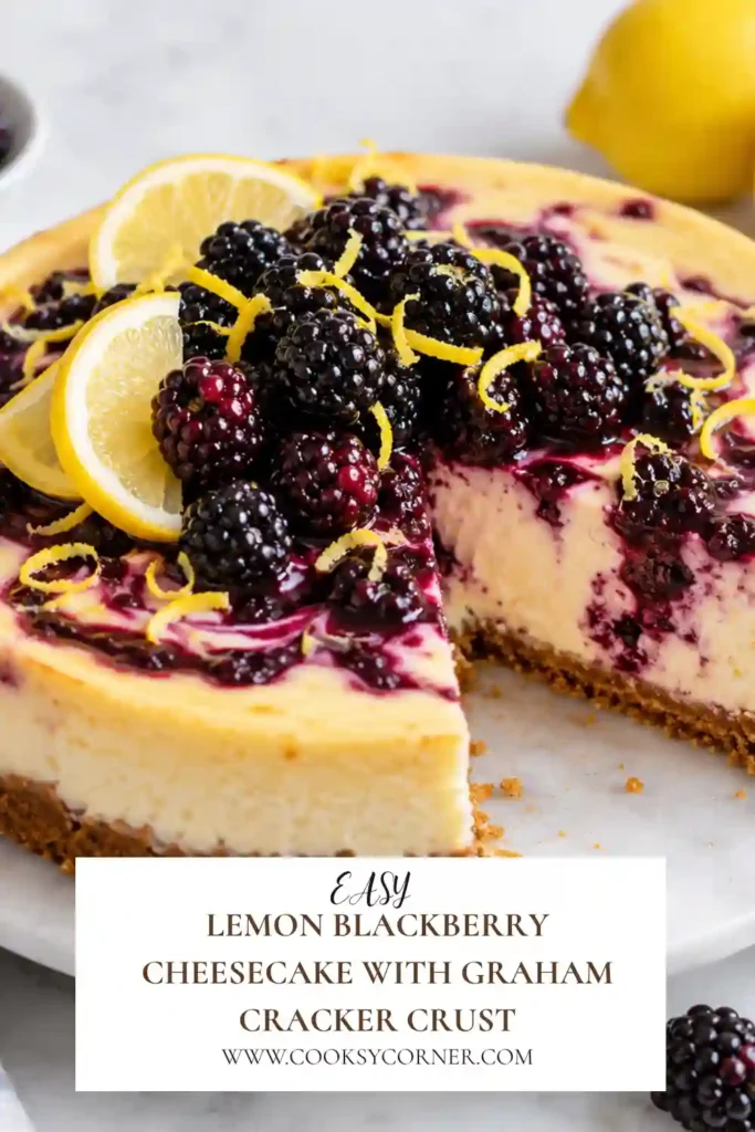 Lemon blackberry cheesecake in a 9-inch round shape with a buttery graham cracker crust. The creamy surface shows natural purple blackberry swirls throughout the pale lemon filling.