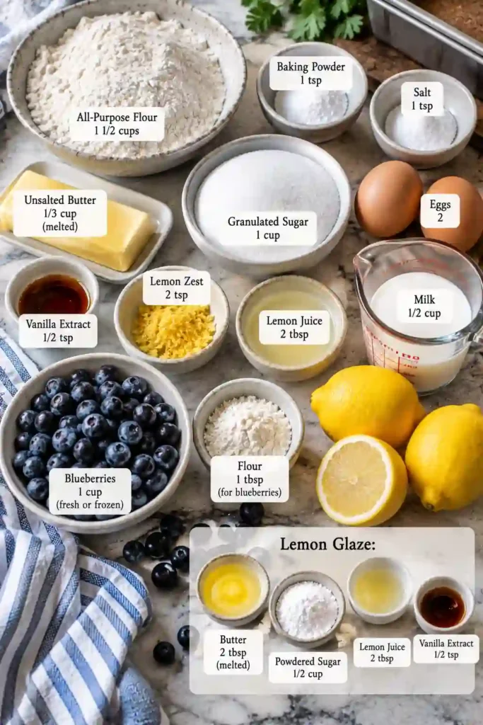 Homemade Lemon Blueberry Bread featuring a golden exterior, juicy blueberries, and creamy white lemon glaze. Fresh lemons and berries create a bright, colorful presentation.
