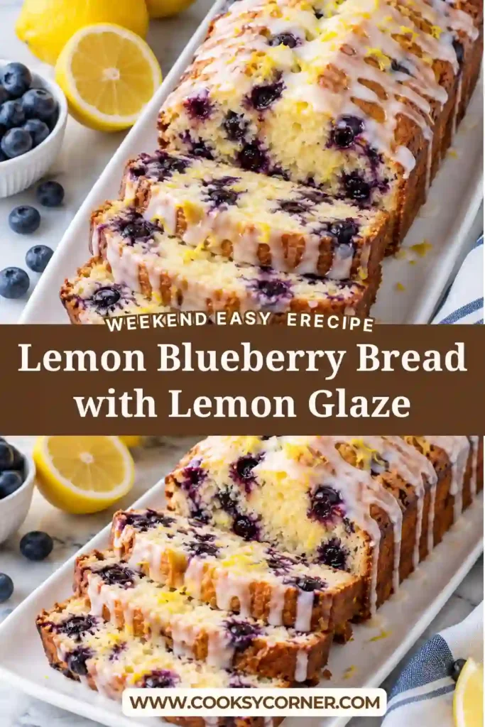 Lemon Blueberry Bread topped with a glossy lemon glaze and fresh blueberries. Sliced pieces reveal a soft golden crumb filled with juicy blueberries and fresh lemon flavor.