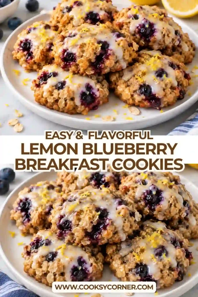 Freshly baked Lemon Blueberry Breakfast Cookies cooling on a baking sheet. These healthy breakfast cookies feature chewy oats, sweet blueberries, pecans, and bright citrus flavor.