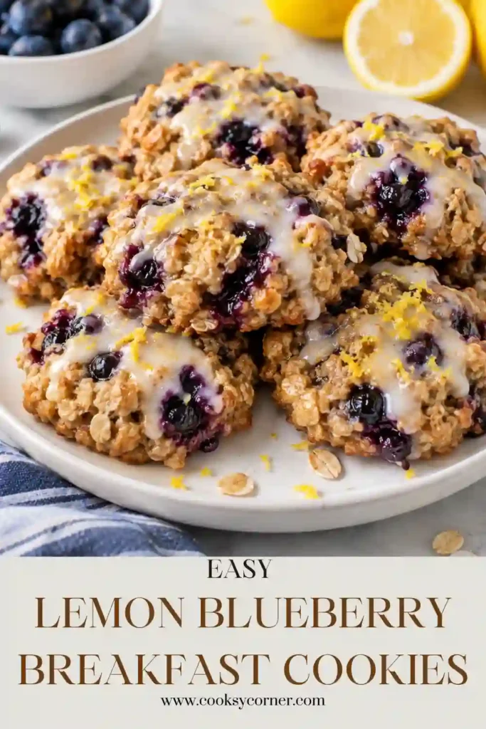 Lemon Blueberry Breakfast Cookies made with rolled oats, dried blueberries, fresh lemon zest, and chopped pecans. The golden cookies have a soft, chewy texture and rustic homemade appearance.