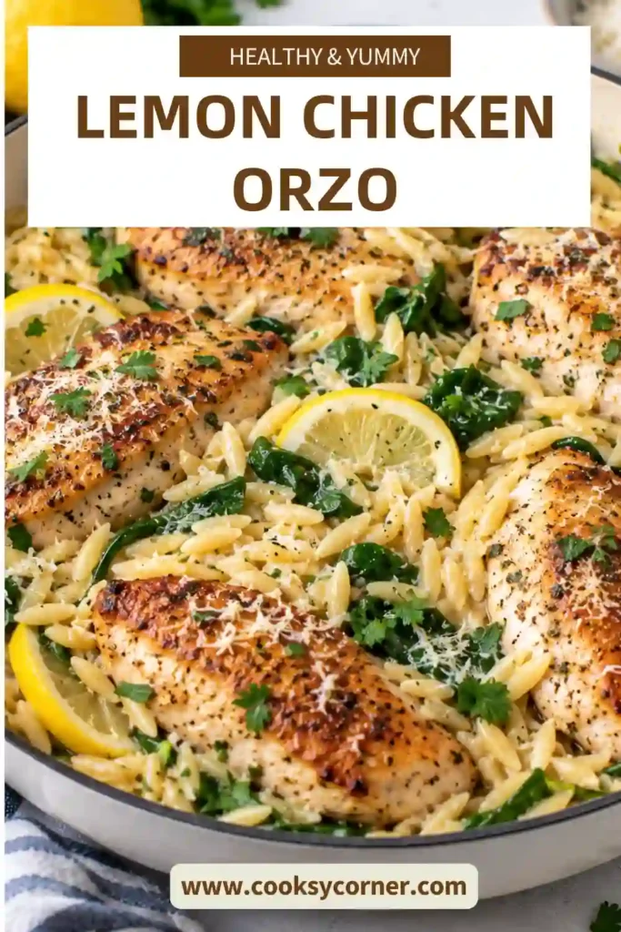One pan chicken orzo topped with juicy sliced chicken, lemon slices, and fresh Italian parsley. Parmesan, heavy cream, spinach, and lemon create a creamy, vibrant pasta sauce.