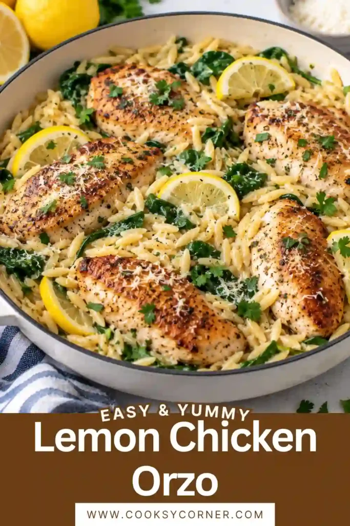 Creamy Lemon Chicken Orzo made with tender chicken breasts, Parmesan cheese, spinach, garlic, and fresh lemon. The silky orzo is served in a skillet with sliced chicken and parsley.