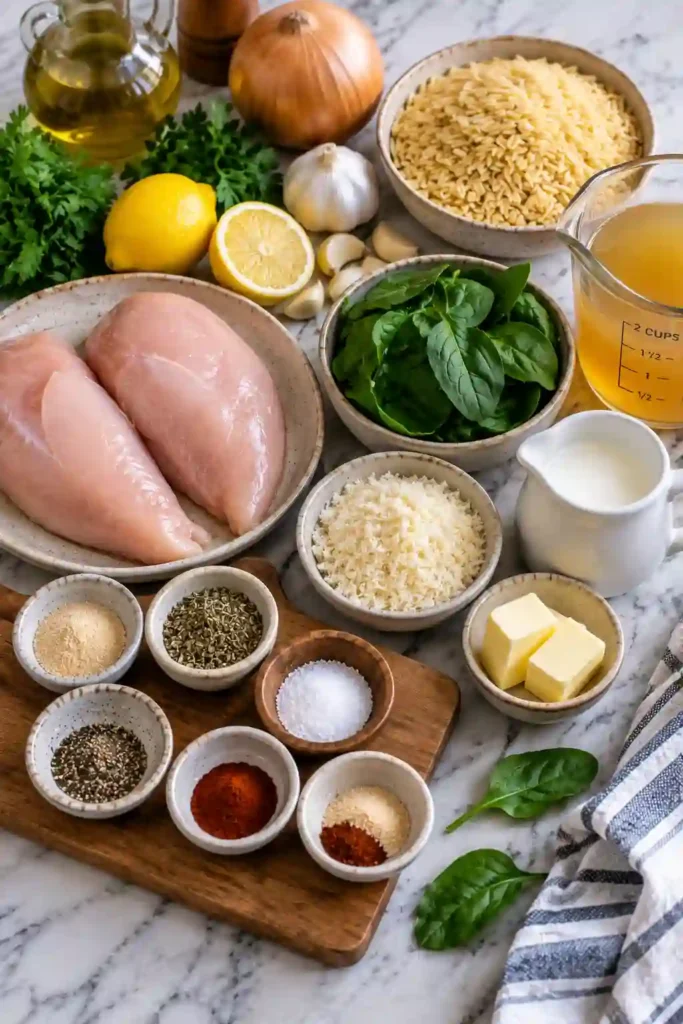 Lemon Chicken Orzo served warm with golden chicken, creamy spinach orzo, Parmesan, and fresh lemon. This easy chicken dinner has a rich sauce balanced by bright citrus flavor.