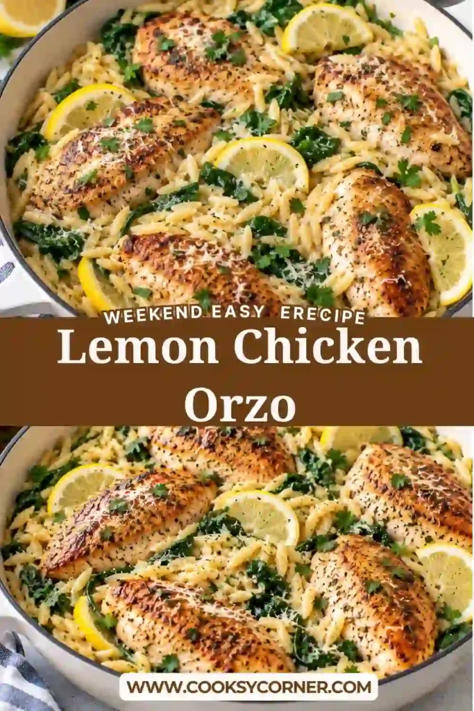 Lemon Chicken Orzo with sliced seasoned chicken served over creamy Parmesan orzo and baby spinach. Fresh lemon slices and parsley add a bright finish to this one-pan dinner.