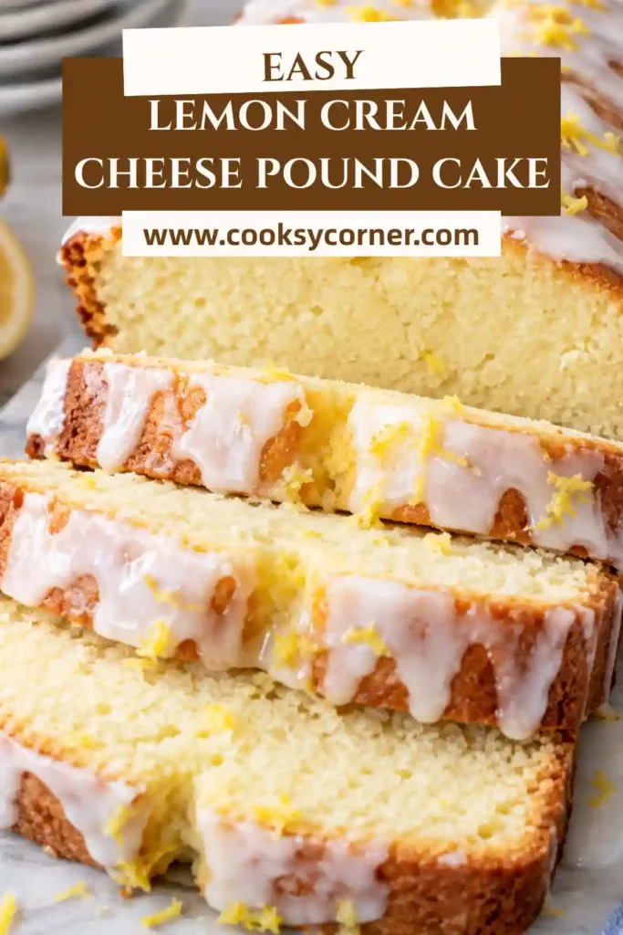 Lemon Cream Cheese Pound Cake featuring a buttery golden exterior and soft, rich interior. The cake is brushed with sweet lemon syrup and garnished with fresh lemon zest.