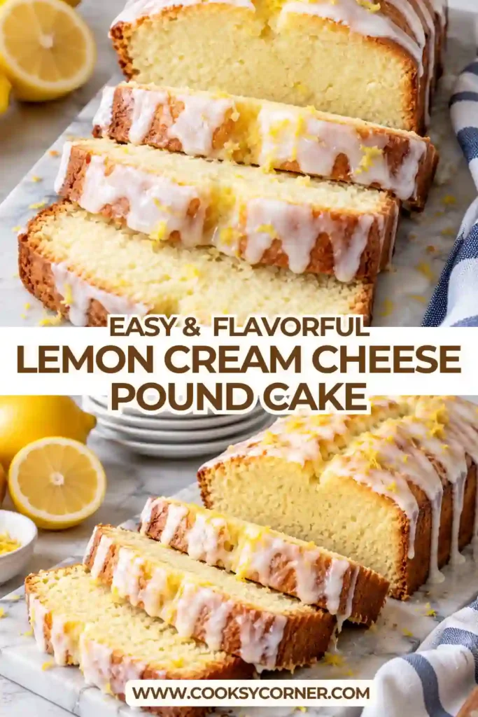 Homemade lemon pound cake sliced to reveal a dense, moist crumb with fresh lemon flavor. The golden Bundt cake is served on a ceramic cake stand with lemon slices nearby.