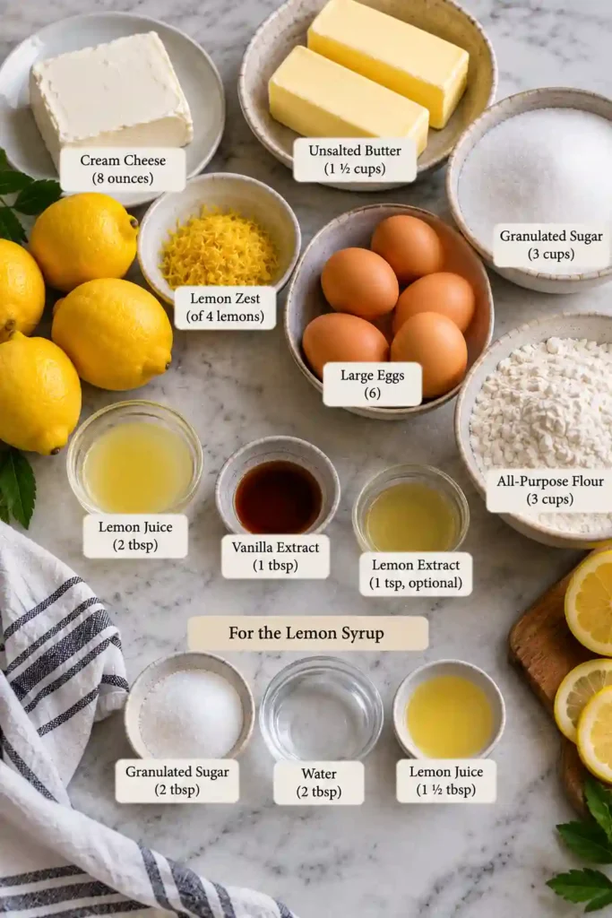 Moist lemon Bundt cake made with cream cheese, butter, and fresh lemon zest. Thick slices reveal a tender crumb beneath the golden crust and glossy lemon syrup.