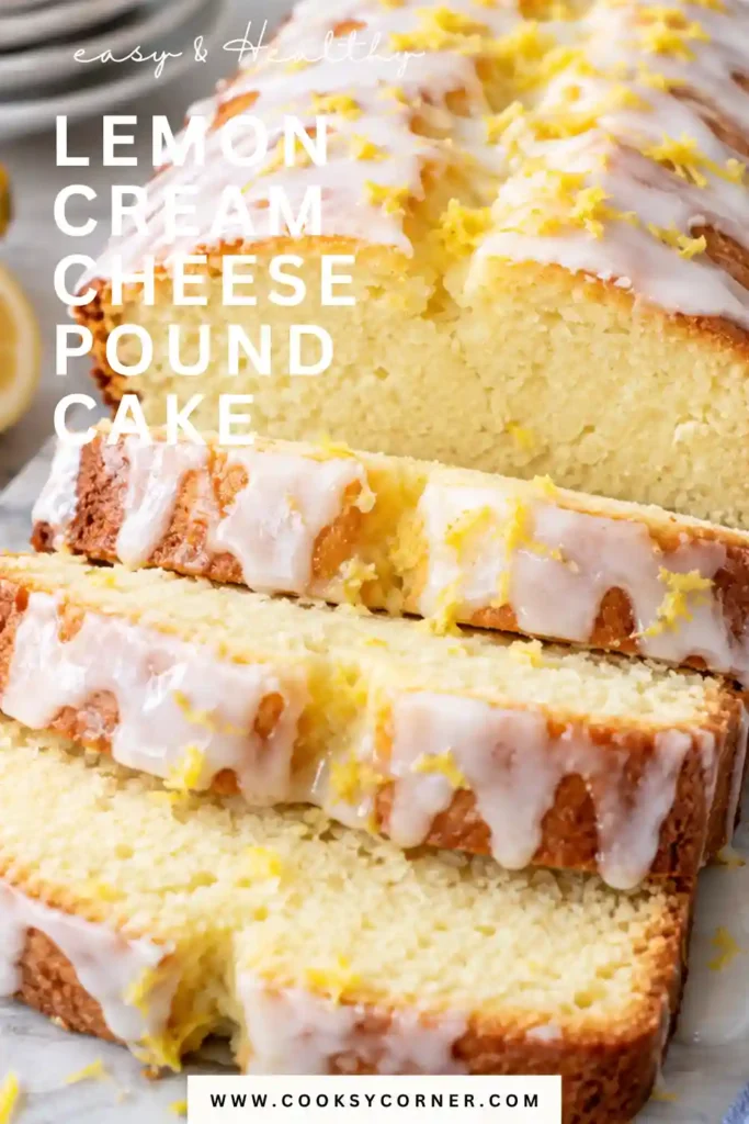 Lemon Cream Cheese Pound Cake baked in a Bundt pan with a golden crust and tender yellow crumb. Fresh lemon slices and a glossy lemon syrup finish the homemade cake.