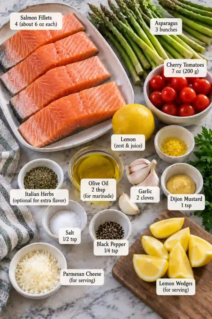 Salmon tray bake featuring lemon garlic salmon fillets surrounded by green asparagus and roasted cherry tomatoes. Fresh herbs and lemon complete the colorful one-pan dinner.