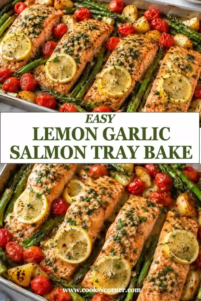 Flaky lemon garlic salmon served with roasted asparagus and cherry tomatoes on a baking tray. Fresh lemon slices and parsley add a bright finish to this easy salmon dinner.