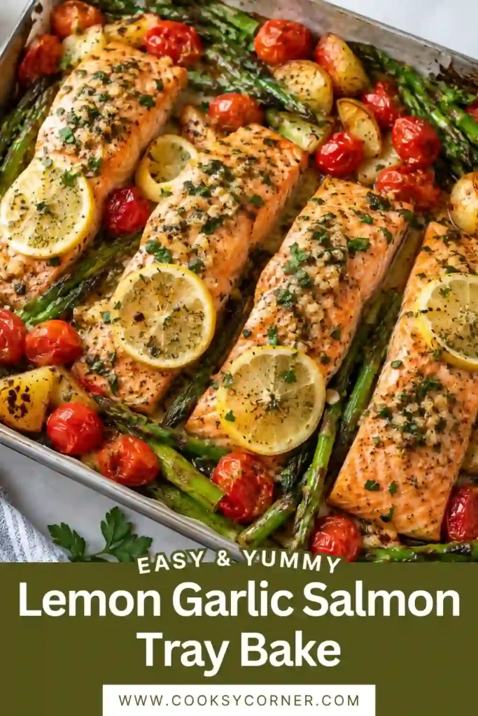 Lemon Garlic Salmon Tray Bake with tender salmon fillets, asparagus, and juicy cherry tomatoes. The salmon is coated in a fresh lemon garlic marinade and finished with parsley.