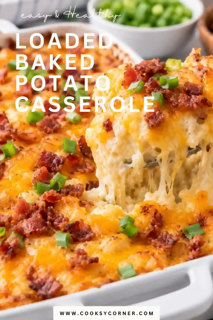 Homemade cheesy potato casserole with creamy potatoes, melted cheddar, chopped turkey ham, and green onions. This easy baked potato casserole is served warm as a comforting side dish.