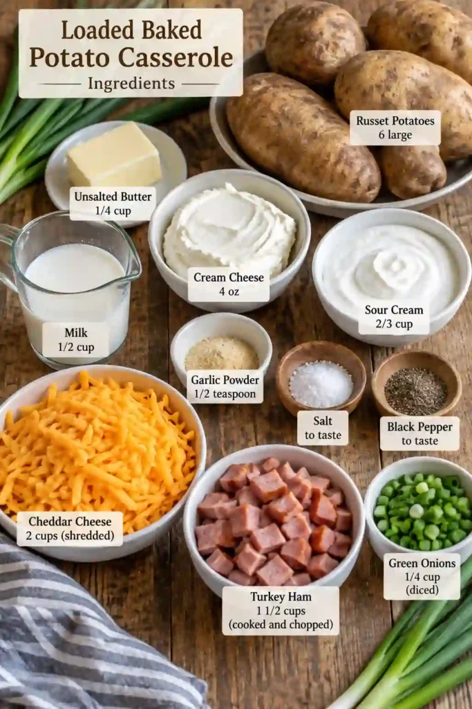 A warm serving of Loaded Baked Potato Casserole with fluffy potatoes and a golden layer of melted cheddar. Turkey ham and fresh green onions give the creamy casserole a savory finish.