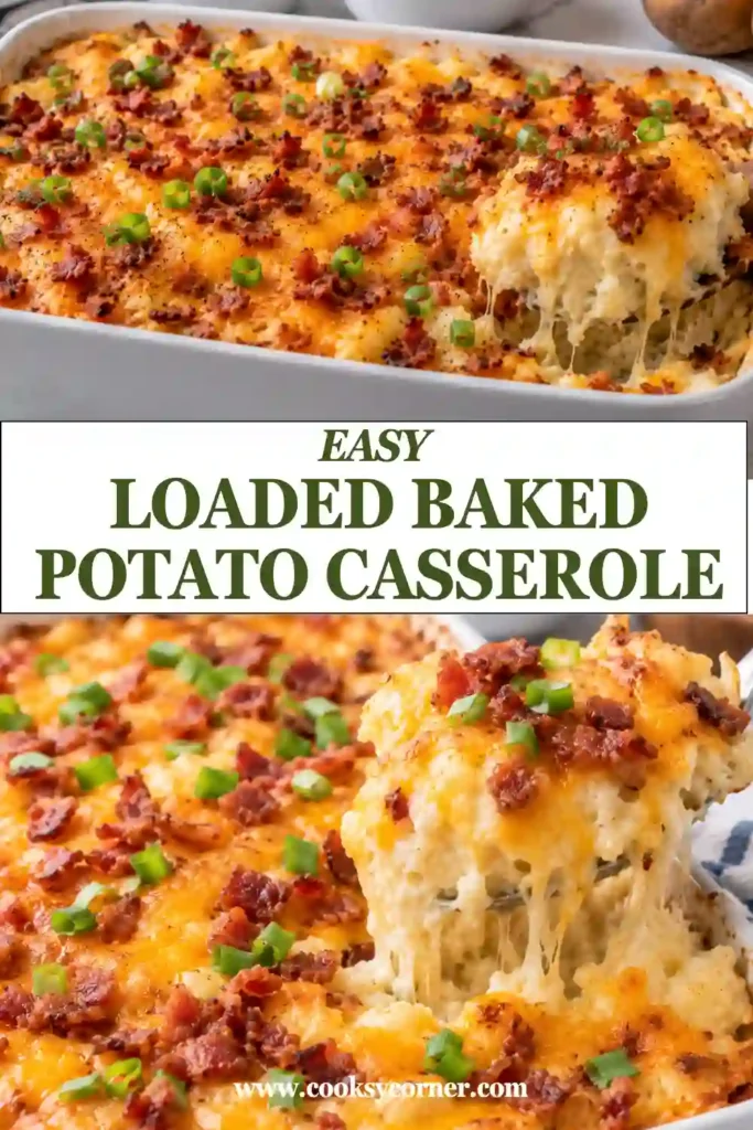 Creamy Loaded Baked Potato Casserole made with russet potatoes, cheddar cheese, sour cream, and turkey ham. Fresh green onions add color and flavor to the cheesy potato casserole.