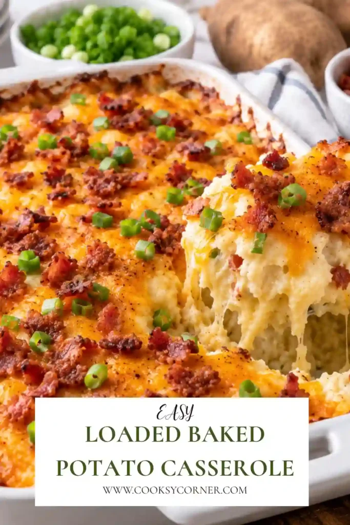Loaded Baked Potato Casserole topped with melted cheddar cheese, savory turkey ham, and fresh green onions. The creamy potato casserole is baked in a casserole dish until warm and golden.