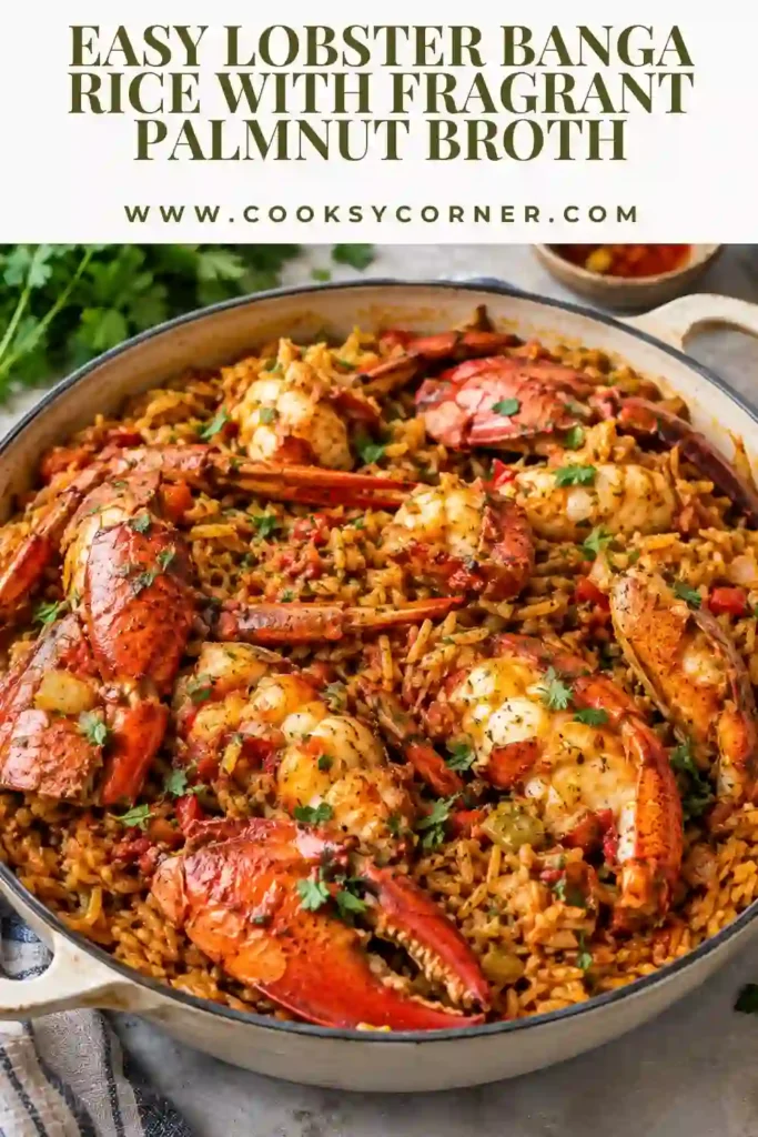 Close-up of sliced lobster served over golden palmnut rice. The lobster has a glossy butter finish, and the rice is coated in fragrant banga broth.