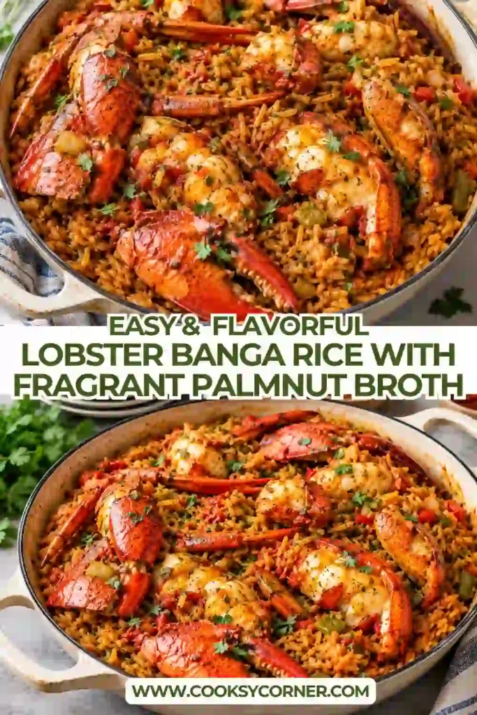 Lobster banga rice served on a plate with sliced lobster tails over fragrant golden rice. Fresh green seasoning sits beside the rice.