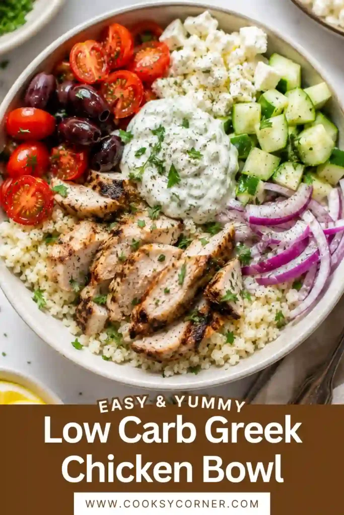 Healthy Greek chicken recipe served as a colorful low carb bowl with lemon cauliflower rice and fresh vegetables. Grilled chicken, feta, olives, and tzatziki create a flavorful and satisfying meal.