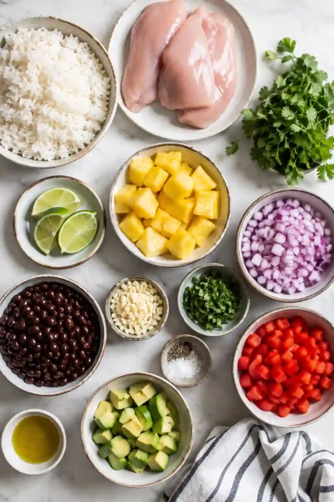 Mediterranean-style Low Carb Greek Chicken Bowl topped with grilled chicken, crisp vegetables, feta cheese, olives, and creamy tzatziki. Seasoned cauliflower rice provides a light low carb base.