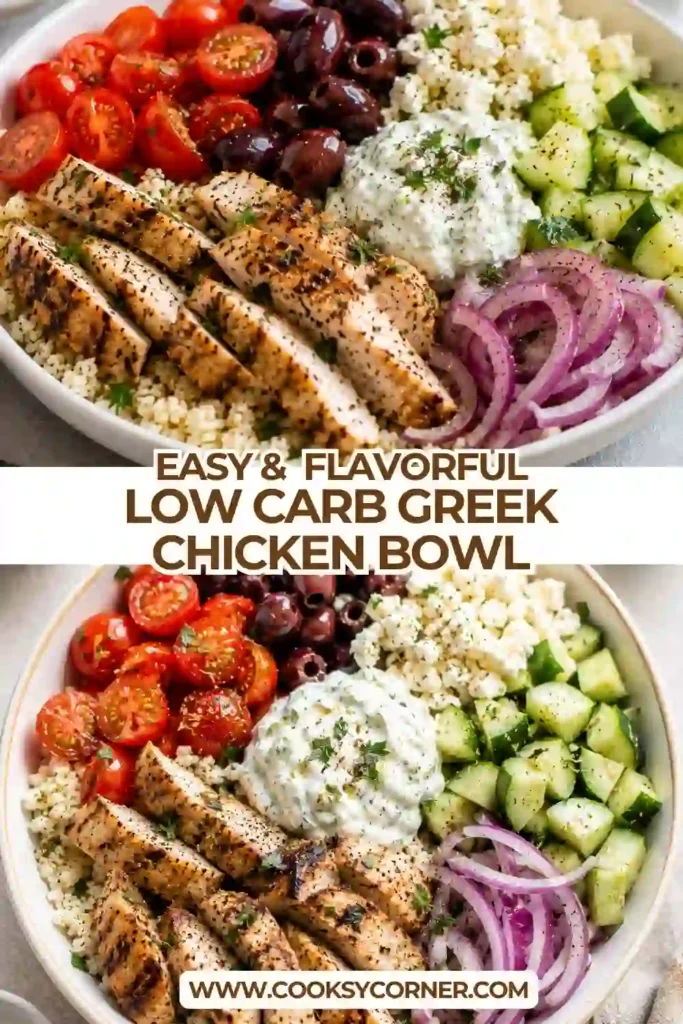 Greek chicken bowl filled with juicy grilled chicken, cauliflower rice, cucumber, tomatoes, red onion, feta, and Kalamata olives. Creamy tzatziki and fresh herbs add a Mediterranean-inspired finish.