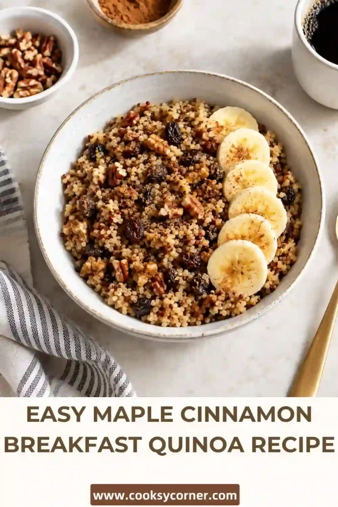 Healthy quinoa breakfast with fluffy cooked quinoa, maple syrup, cinnamon, banana slices, and raisins. The warm breakfast bowl has a creamy texture from plant-based milk.