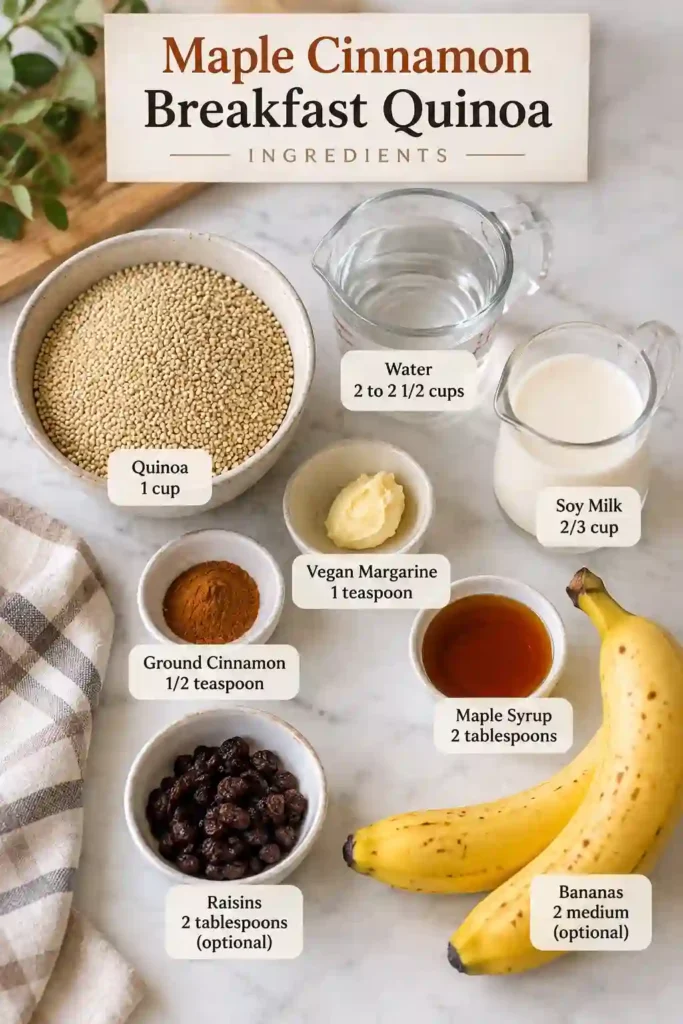 Maple Cinnamon Breakfast Quinoa served warm with bananas and raisins on top. This easy breakfast quinoa recipe features creamy soy milk and naturally sweet maple and cinnamon flavors.