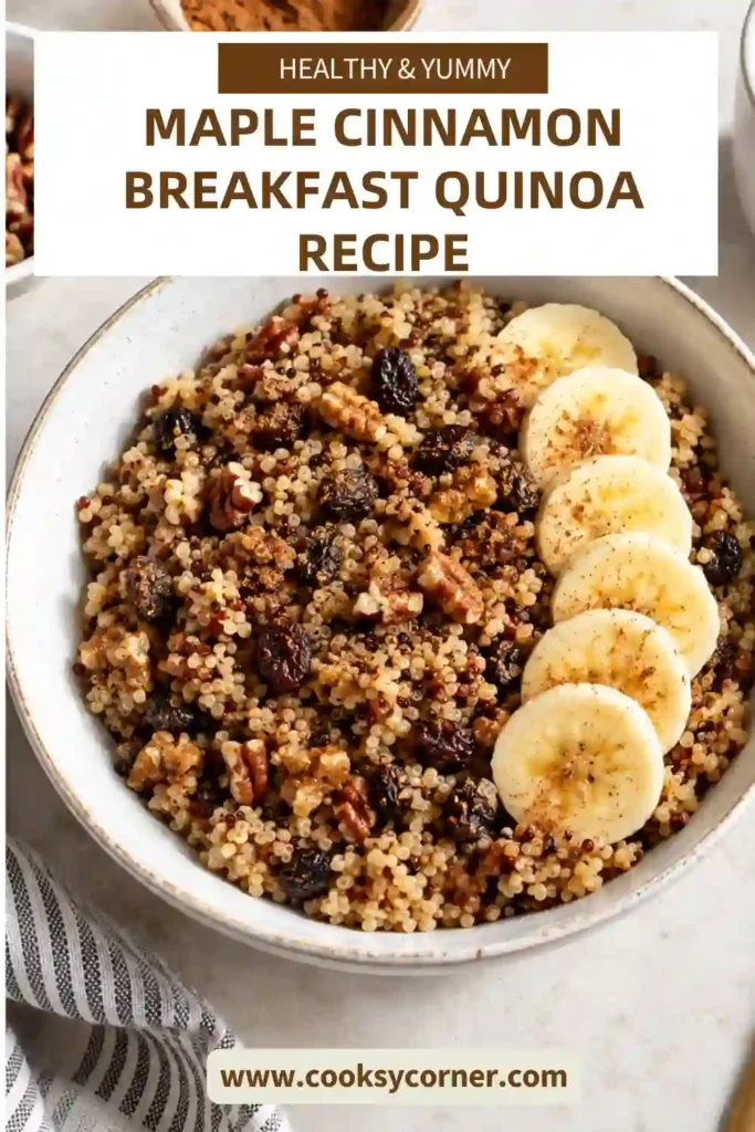 Creamy maple cinnamon quinoa served in a breakfast bowl with sliced bananas and raisins. This vegan quinoa breakfast combines tender quinoa, soy milk, maple syrup, and cinnamon.