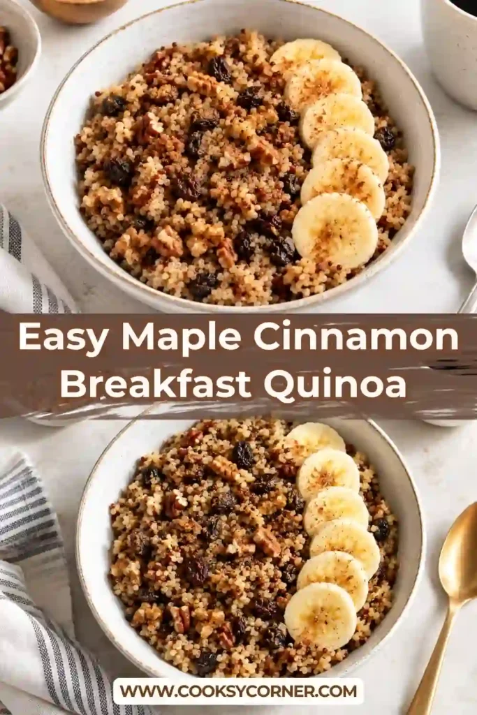 A warm bowl of Maple Cinnamon Breakfast Quinoa topped with fresh banana slices and raisins. The creamy quinoa breakfast is flavored with maple syrup and ground cinnamon.