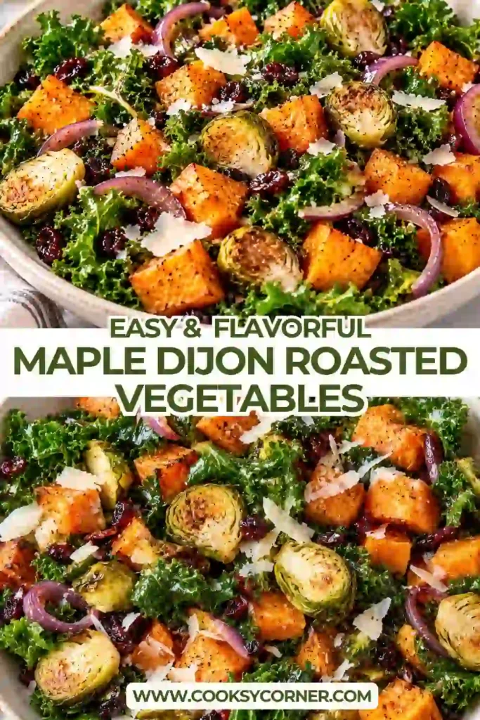Colorful oven roasted vegetables coated with maple syrup, Dijon mustard, and olive oil. Carrots, broccoli, cauliflower, and Brussels sprouts have tender centers and caramelized edges.