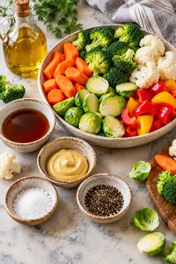 Easy Maple Dijon Roasted Vegetables arranged on a serving platter with colorful carrots, broccoli, cauliflower, peppers, and Brussels sprouts. The maple mustard glaze gives the vegetables a glossy caramelized finish.