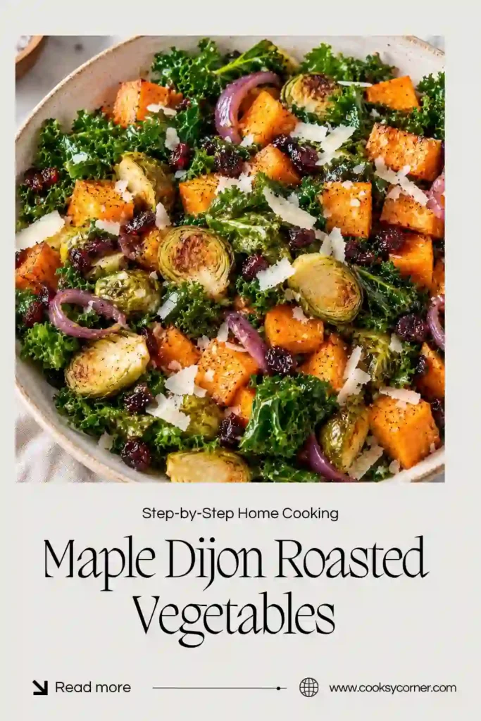 1. Maple Dijon Roasted Vegetables with caramelized carrots, broccoli, Brussels sprouts, cauliflower, and colorful bell peppers. The vegetables are coated in a glossy maple mustard glaze and roasted until golden.