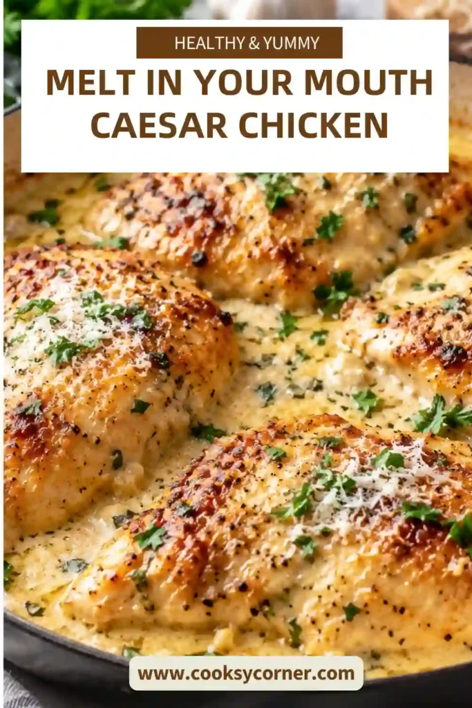 Skillet Caesar chicken with juicy pan-seared chicken breasts and creamy Parmesan sauce. Fresh parsley and Parmesan shavings add a colorful finish.