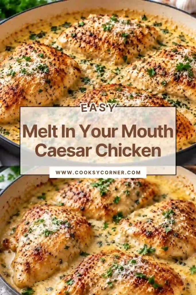 Creamy Caesar chicken breasts in a skillet topped with Parmesan cheese and chopped parsley. The golden chicken is covered in a smooth lemon garlic Parmesan sauce.