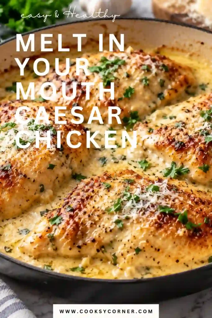 Melt In Your Mouth Caesar Chicken served with creamy Parmesan Caesar sauce, fresh parsley, and Parmesan shavings. The chicken breasts are golden on the outside and coated with a rich garlic sauce.