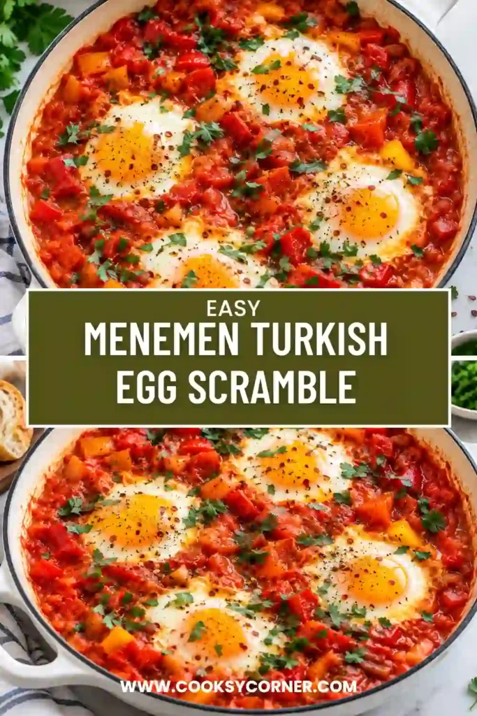 Menemen with peppers and tomatoes topped with crumbled halal-suitable feta and chopped parsley. Softly cooked eggs are swirled through the colorful tomato and pepper mixture.