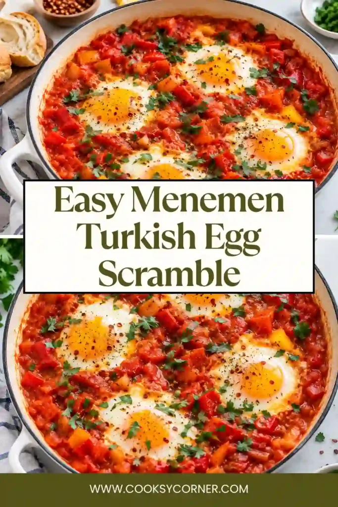 Turkish menemen served in a skillet with soft tomato scrambled eggs and slices of crusty bread for dipping. The eggs remain tender and slightly swirled throughout the tomato mixture.
