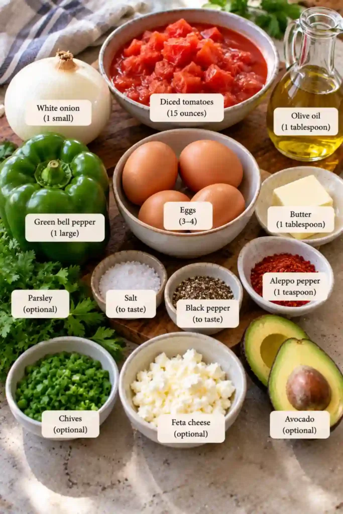 Close-up of Menemen Turkish Egg Scramble showing soft eggs, tomatoes, green bell pepper, onion, and fresh herbs. The eggs are partially stirred for a tender, traditional menemen texture.