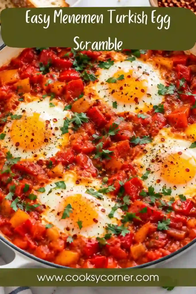 Menemen Turkish Egg Scramble served warm in a skillet with softly cooked eggs, diced tomatoes, green pepper, and onion. Fresh parsley adds a bright green finish to the traditional Turkish breakfast.