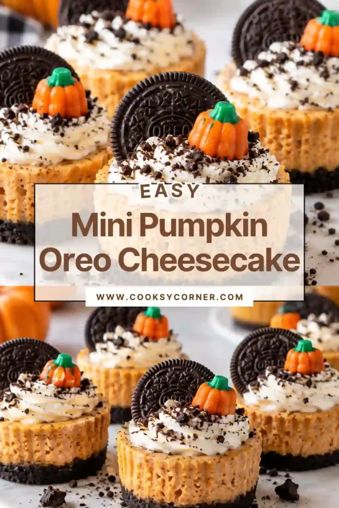 Pumpkin cheesecake bites featuring creamy orange pumpkin filling and chocolate sandwich cookies. Whipped cream and crushed Oreo crumbs create a rich, festive finishing touch.