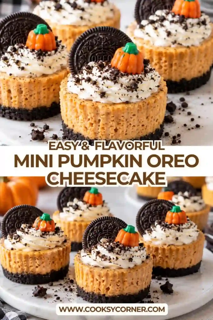 Mini Pumpkin Oreo Cheesecake topped with fluffy whipped cream and crushed chocolate sandwich cookies. The individual pumpkin cheesecakes have a creamy spiced filling with Oreo cookie layers.