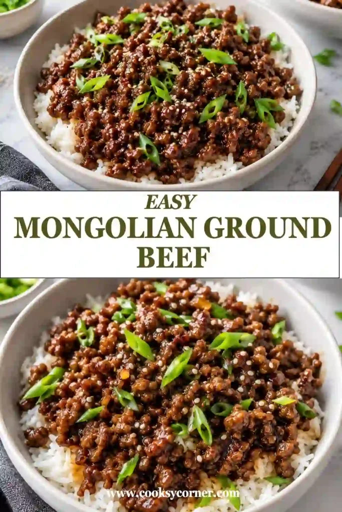 Ground beef stir fry coated in thick Mongolian beef sauce and topped with bright green scallions. The savory beef pairs with white rice for a quick weeknight meal.