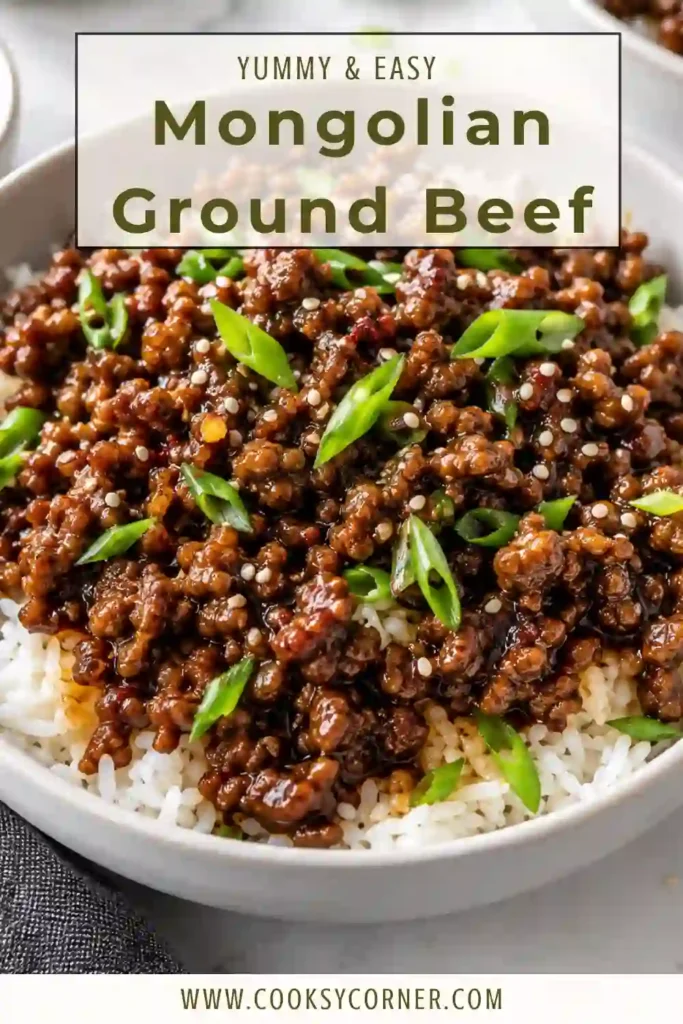 Mongolian Ground Beef coated in a glossy sweet and savory garlic ginger sauce with fresh green onions. The saucy ground beef is served over fluffy white rice for an easy dinner.