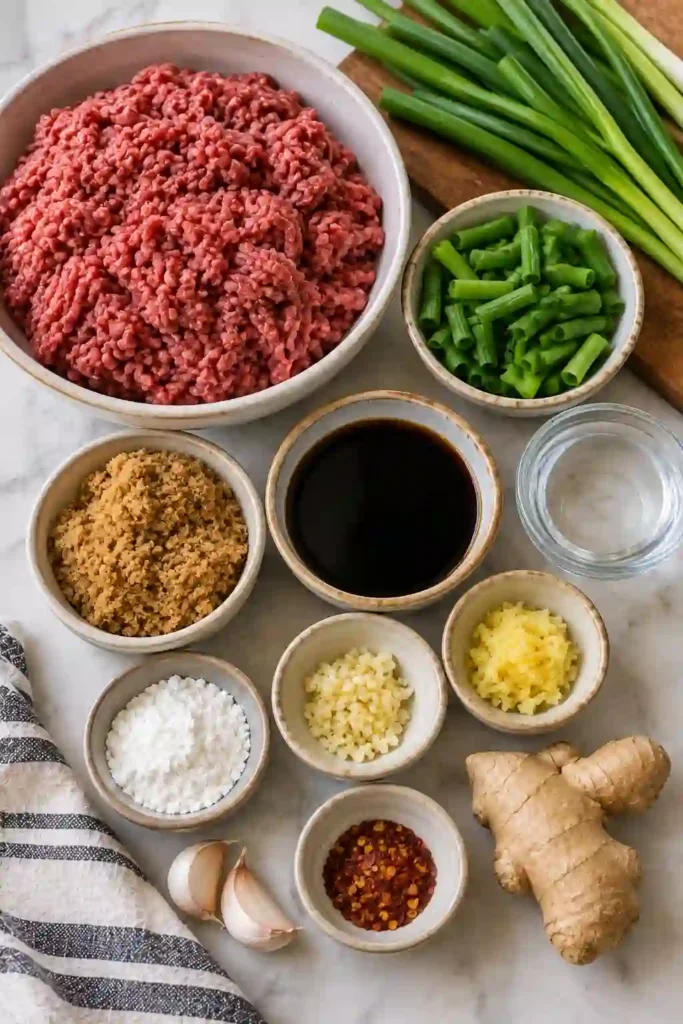 Mongolian Ground Beef served over steamed rice with a glossy brown sugar and soy sauce glaze. Fresh ginger, garlic, and green onions add savory flavor and vibrant color.