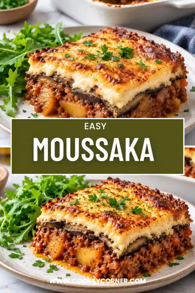 Homemade Moussaka featuring roasted eggplant, seasoned beef filling, creamy Parmesan béchamel, and a golden breadcrumb crust. The layered casserole is served warm in thick slices.