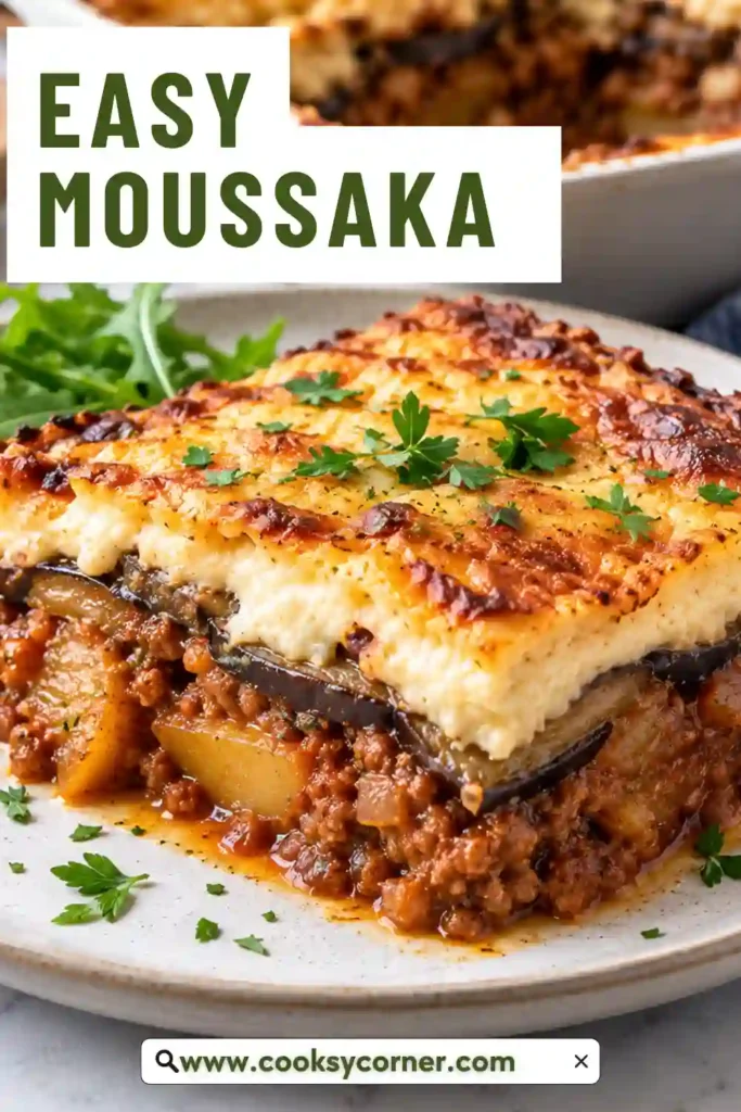Greek beef and eggplant casserole with layers of tender roasted eggplant and rich tomato meat sauce. A creamy golden béchamel topping covers the casserole before baking.