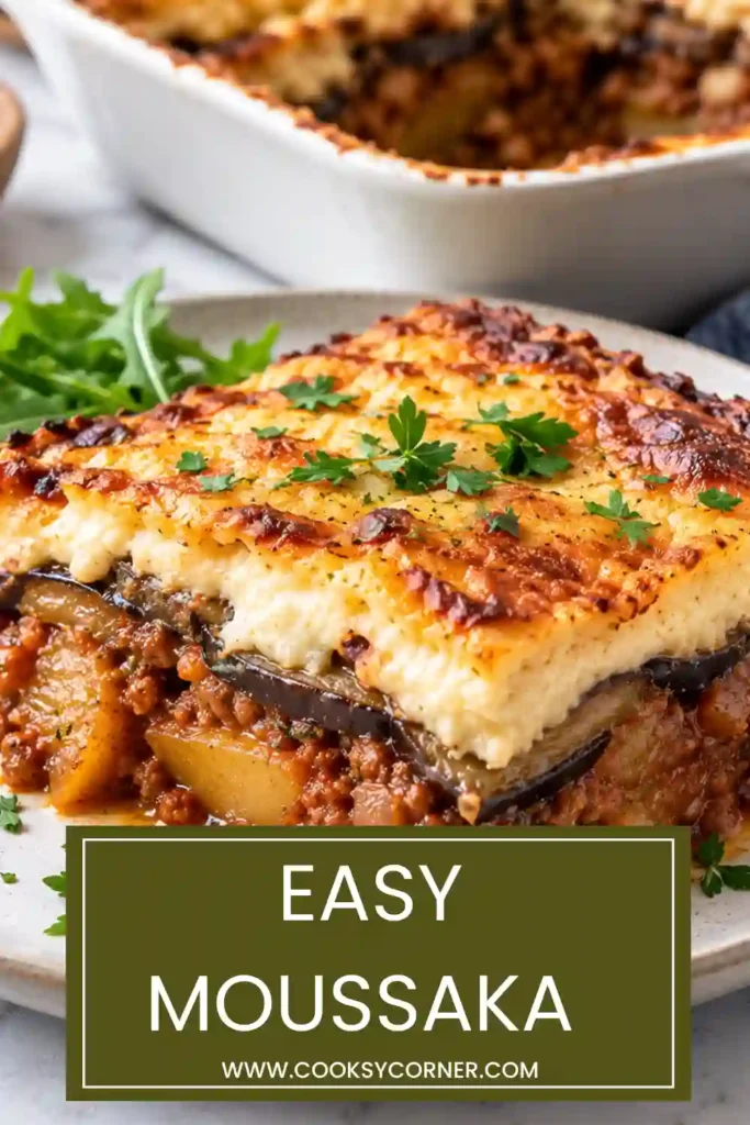 Moussaka layered with roasted eggplant, savory ground beef, tomato sauce, and creamy béchamel. The Greek-inspired casserole has a golden breadcrumb topping and is ready to serve.