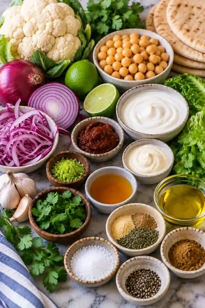 Crispy chickpea wrap made with roasted cauliflower, spiced chickpeas, fresh lettuce, cilantro, and lime-pickled red onions. A smoky chipotle yogurt sauce adds creamy texture and bold flavor.