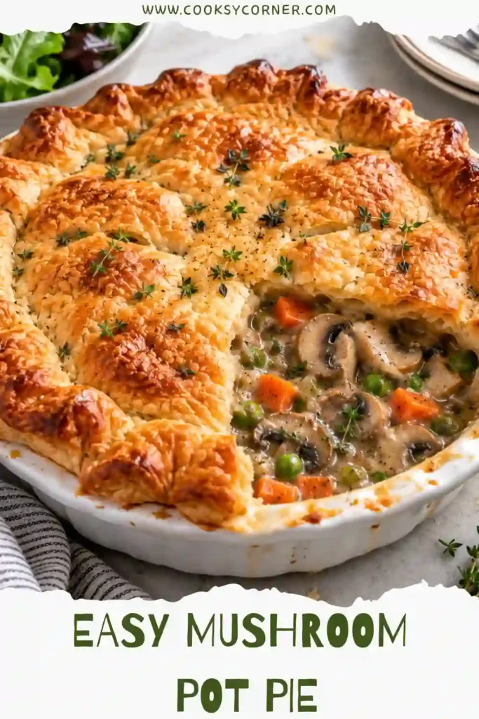 Golden Mushroom Pot Pie baked in a skillet with flaky puff pastry covering a creamy mushroom and vegetable filling. The savory vegetarian pot pie is served warm for a comforting dinner.